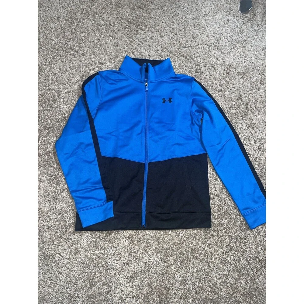 Under Armour Boys Youth Large Zip Up Athletic Jacket Black Blue Loose Fit